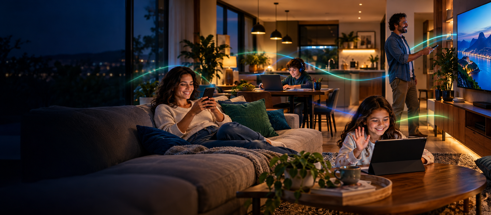 Família aproveitando uma conexão de internet em diferentes ambientes da casa.